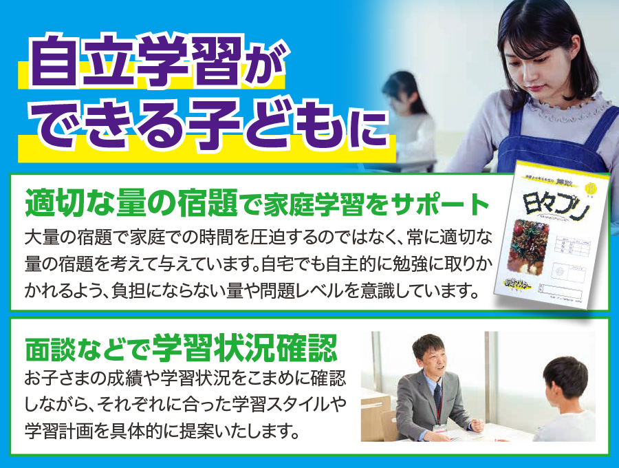 自立学習が できる子どもに　適切な量の宿題で家庭学習をサポート 大量の宿題で家庭での時間を圧迫するのではなく、常に適切な 量の宿題を考えて与えています。自宅でも自主的に勉強に取りか かれるよう、負担にならない量や問題レベルを意識しています。 面談などで学習状況確認 お子さまの成績や学習状況をこまめに確認 しながら、それぞれに合った学習スタイルや 学習計画を具体的に提案いたします。