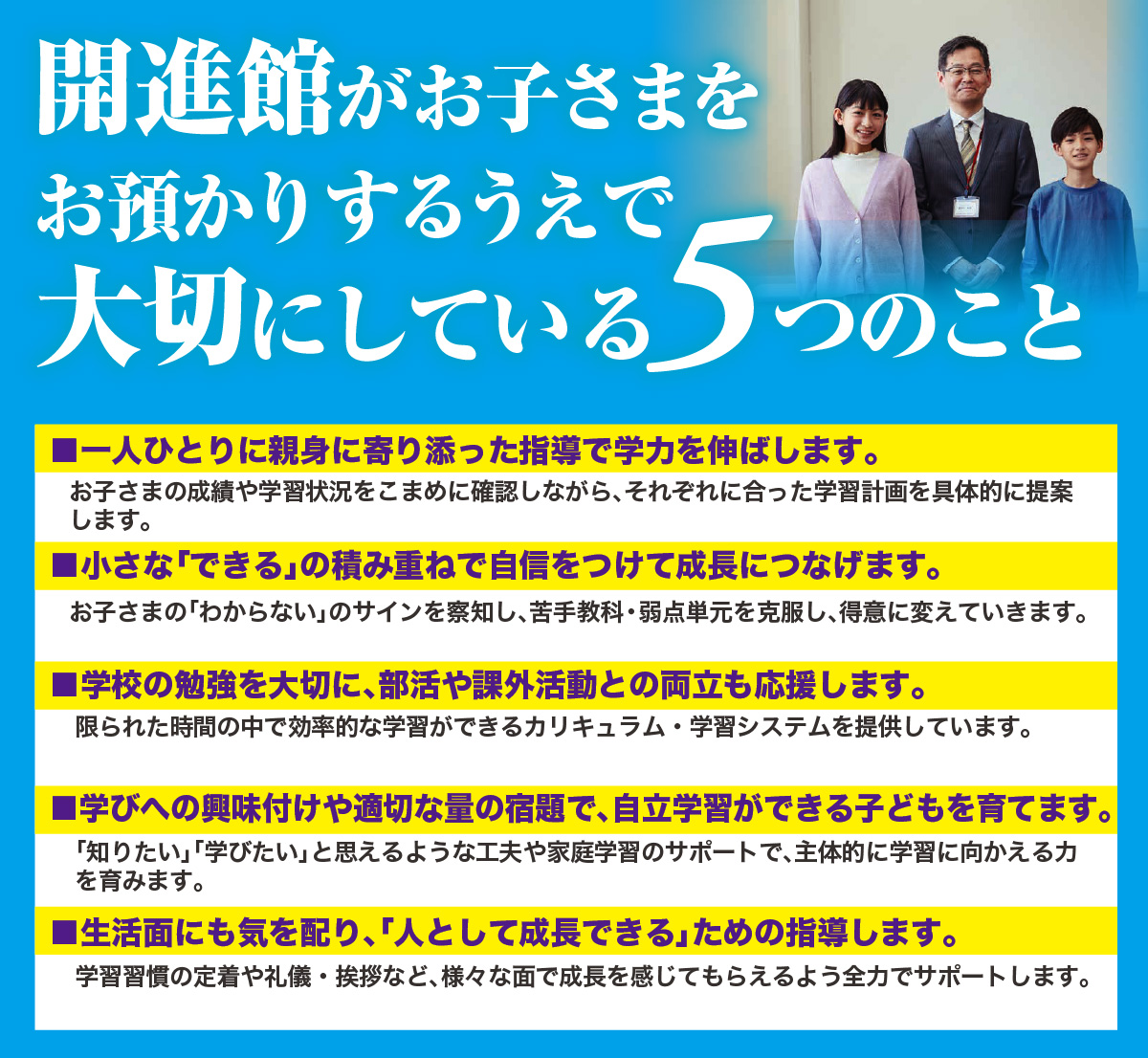 開進館がお子さまを お預かりするうえで 大切にしている5つのこと　■一人ひとりに親身に寄り添った指導で学力を伸ばします。 お子さまの成績や学習状況をこまめに確認しながら、それぞれに合った学習計画を具体的に提案します。 ■小さな「できる」の積み重ねで自信をつけて成長につなげます。 お子さまの「わからない」のサインを察知し、苦手教科・弱点単元を克服し、得意に変えていきます。 ■学校の勉強を大切に、部活や課外活動との両立も応援します。 限られた時間の中で効率的な学習ができるカリキュラム・学習システムを提供しています。 ■学びへの興味付けや適切な量の宿題で、自立学習ができる子どもを育てます。 「知りたい」「学びたい」と思えるような工夫や家庭学習のサポートで、主体的に学習に向かえる力を育みます。 ■生活面にも気を配り、「人として成長できる」ための指導します。 学習習慣の定着や礼儀・挨拶など、様々な面で成長を感じてもらえるよう全力でサポートします。