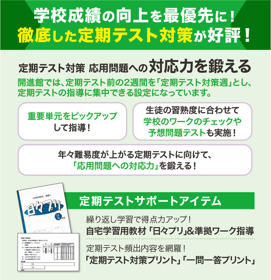 学校成績の向上を最優先に！ 徹底した定期テスト対策が好評！ 定期テスト対策応用問題への対応力を鍛える 開進館では、定期テスト前の 2週間を「定期テスト対策週」 とし、定期テストの指導に集 中できる設定になっています。 定期テストサポートアイテム 繰り返し学習で得点力アップ！ 自宅学習用教材 「日々プリ」＆準拠ワーク指導 定期テスト頻出内容を網羅！ 「定期テスト対策プリント」「 一問一答プリント」