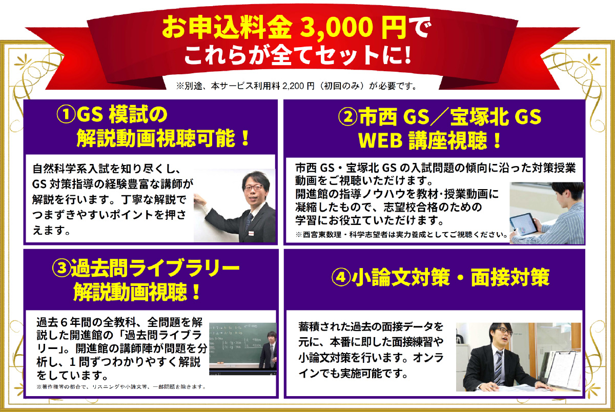 お申込料金3,000 円でこれらが全てセットに!※別途、本サービス利用料2,200 円(初回のみ)が必要です。①GS 模試の解説動画視聴可能!②市西GS/宝塚北GSWEB 講座視聴!③過去問ライブラリー解説動画視聴!④小論文対策・面接対策