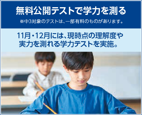 無料公開テストで学力を測る
※中3対象のテストは、一部有料のものがあります。
11月・12月には、現時点の理解度や
実力を測れる学力テストを実施。
これらのテストで現状と課題を把握してから、冬期の学習に入りましょう。 公開テストを受けられた方は講習受講試験を受ける必要はございません。