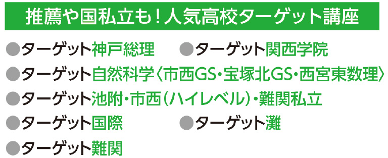 推薦や国私立も！人気高校ターゲット講座
●ターゲット神戸総理
●ターゲット自然科学〈市西GS・宝塚北GS・西宮東数理〉
●ターゲット池附・市西（ハイレベル）・難関私立
●ターゲット国際
●ターゲット難関
●ターゲット関西学院
●ターゲット灘