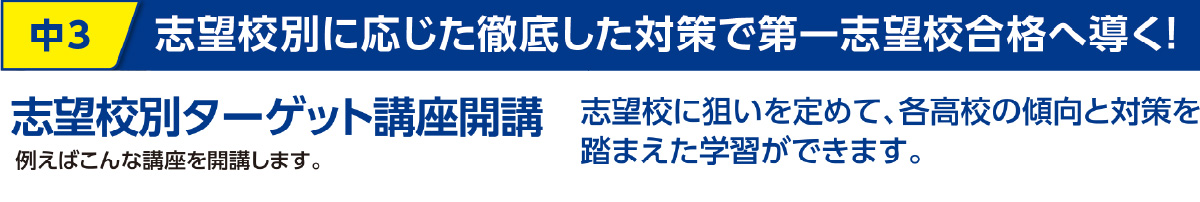 中3 志望校別に応じた徹底した対策で第一志望校合格へ導く!志望校別ターゲット講座開講志望校に狙いを定めて、各高校の傾向と対策を
例えばこんな講座を開講します。 踏まえた学習ができます。